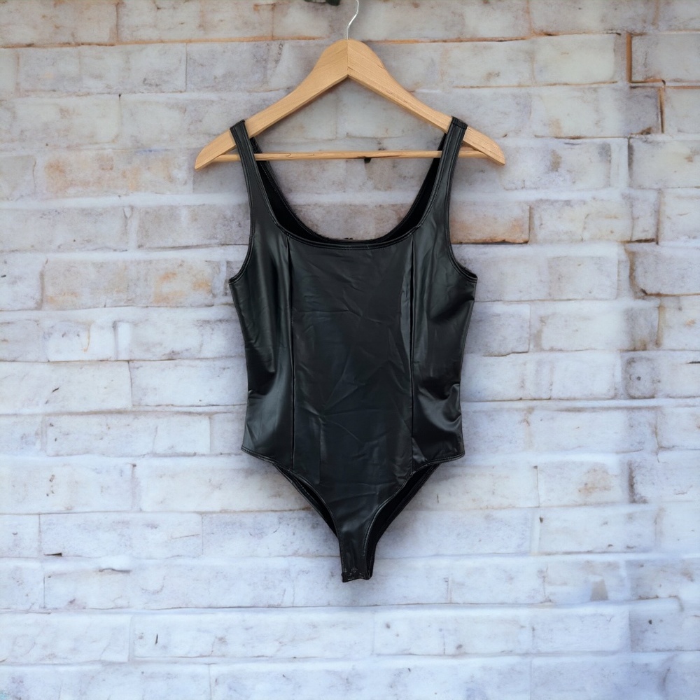 Women's Black Faux Leather Bodysuit